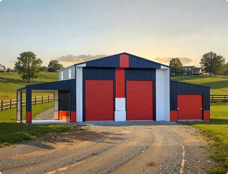 Red metal barn with horses and tractor