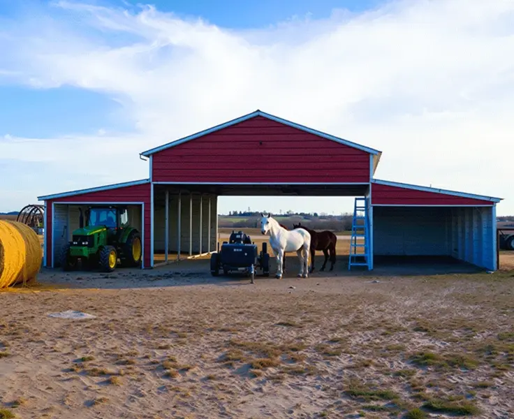 Red metal barn with horses and tractor
