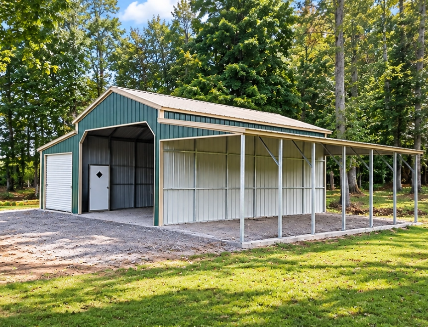 Red metal barn with horses and tractor