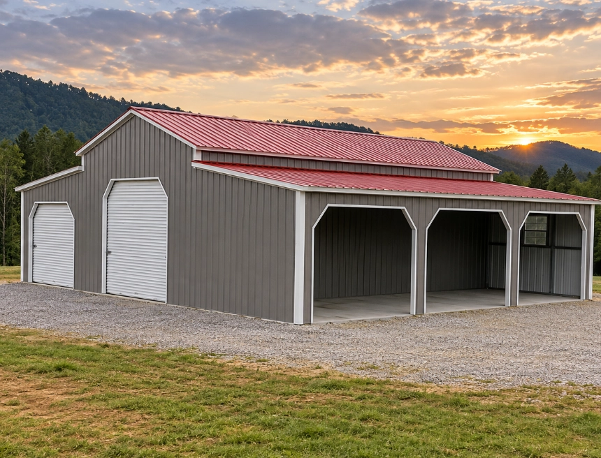 Red metal barn with horses and tractor