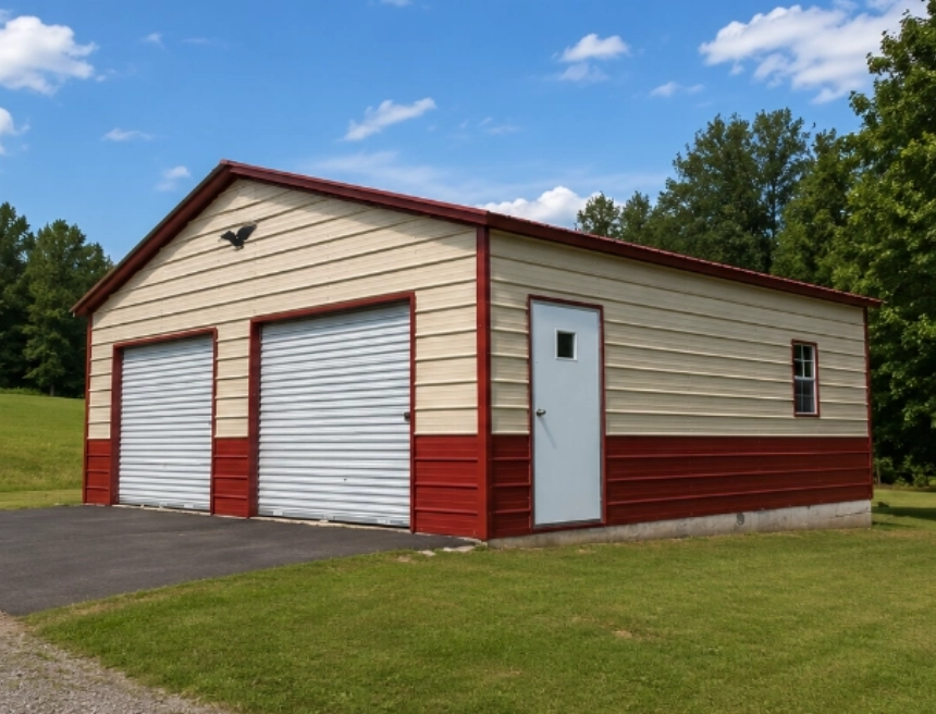 Red metal barn with horses and tractor