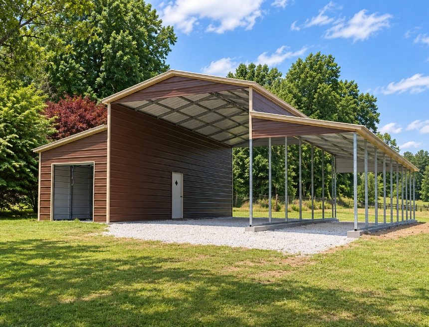 Red metal barn with horses and tractor